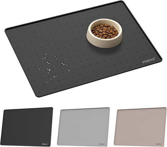 YINEYA Silicone Dog & Cat Food Mat Waterproof 18" x 12", Raised Edge Dog Bowl Mat for Food and Water, BPA-Free Non-Slip Pet Feeding Mats for Floors, Multifunctional Silicone Mat (Black)