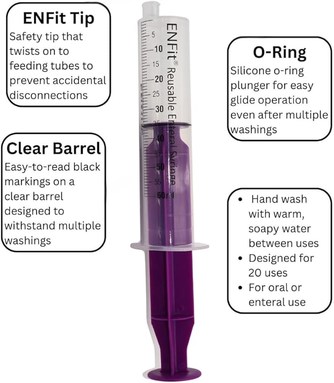 Envue ENFit Enteral Feeding Syringe 60mL, O Ring Syringes for Feeding and 60 ml Syringe for Feeding Tube Use, Reusable 60cc Syringe for NG Tube, 10 Pack, Purple