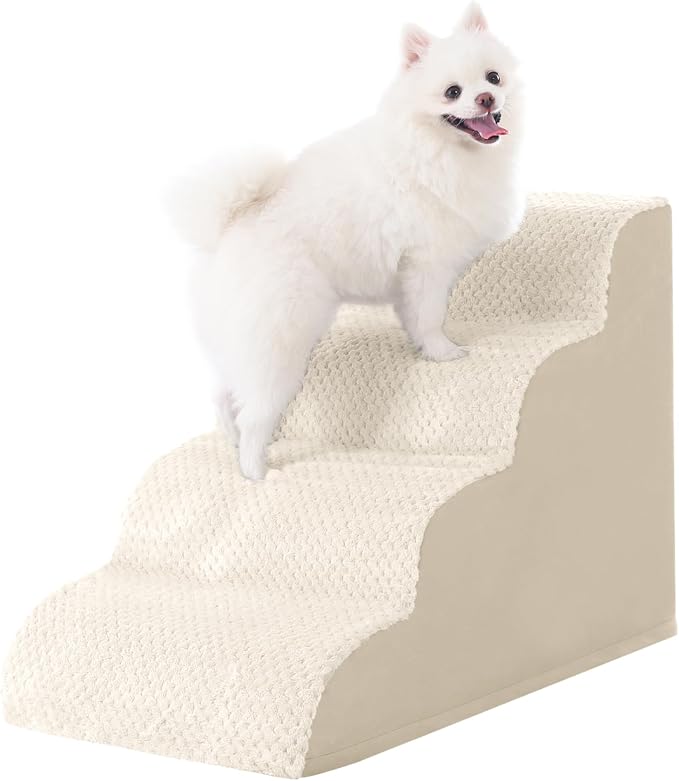 Dog Stairs Ramp, Curved 4-Step Dog Steps for Small Dogs and Cats, Pet Stairs for High Beds and Couch with Anti-Slip Washable Cover and Durable High Density Foam, Beige
