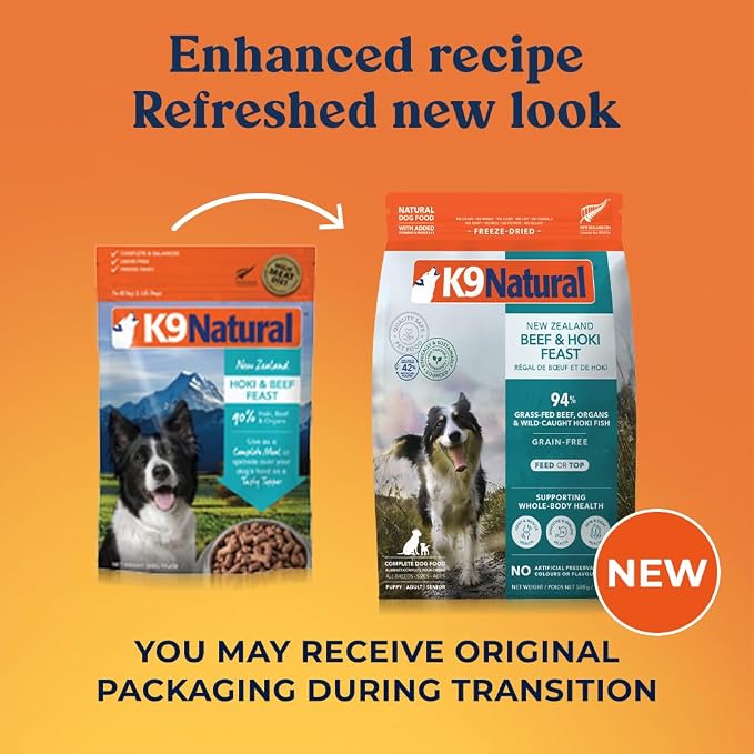 K9 Natural Beef & Hoki Freeze Dried Dog Food, High-Meat Natural Complete Meal or Meal Toppers for Dogs, Grass-Fed Beef & Hoki from New Zealand, Grain-Free, GMO-Free, Complete & Balanced, 17.6oz