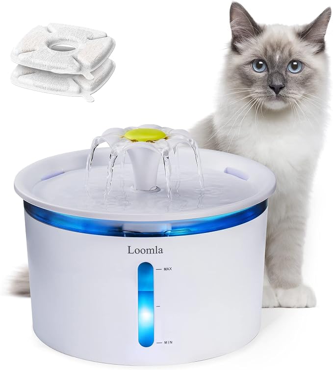 Cat Water Fountain, 85oz/2.5L Pet Water Fountain Indoor, Automatic Dog Water Dispenser with Switchable LED Lights, 2 Replacement Filters for Cats, Dogs, Pets (White)