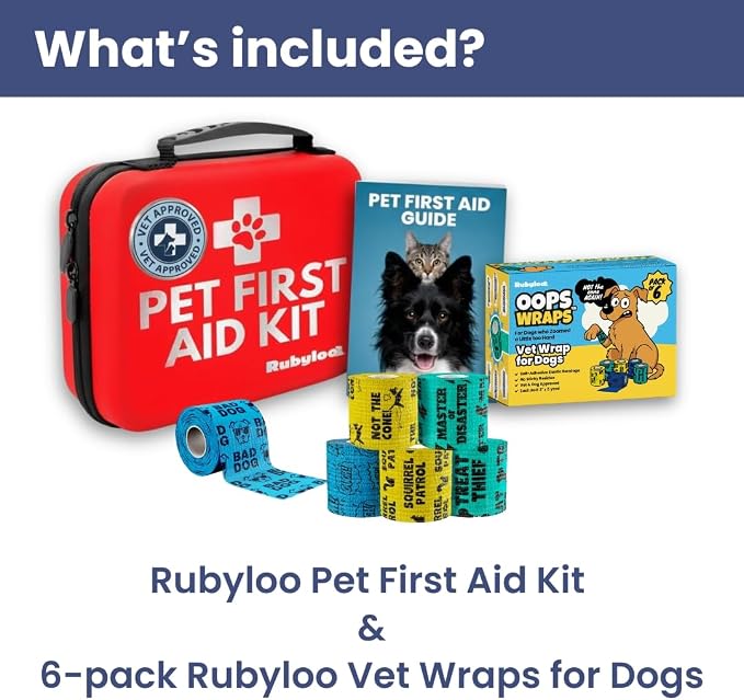 Rubyloo Vet Approved Essential Pet First Aid Kit Supplies to Treat Dogs & Cats in an Emergency with Boy’s 6 Pack of 2 Funny Vet Wrap Bandages for Home, Camping, Car, RV