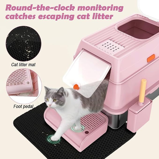 SZEE XL Stainless Steel Litter Box with Lid, Extra Large Metal Covered Litter Box, Stainless Box Easy Clean, Activated Charcoal Odor Control Design, Includes Litter Scoop & Mat & Step, Pink