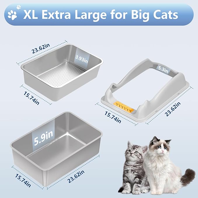 Stainless Steel Sifting Litter Box,XL Cat Litter Box with Lid,Pellet Litter Box for Big Cat,High Sides,Anti-Leakage,Easy Clean