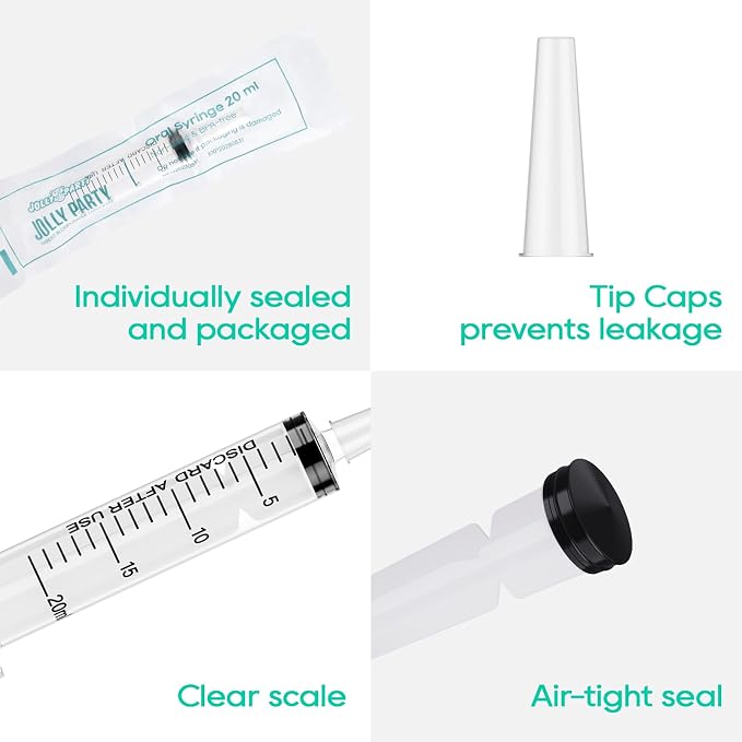 JOLLY PARTY 100 Pack 20mL Syringes, Plastic Syringes with Catheter Tip and Cap, Individually Sealed Feeding Syringe For Dogs, Measuring Syringe For Liquid, Scientific Labs, Refilling, Dispensing
