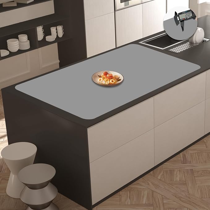 2MM Extra Thick Silicone Mats for Kitchen Counter, 35.4"x23.6" Kitchen Island Largest Heat-Resistant Baking Mat, Thicker Non-Slip Desk Protect Mat, Multipurpose Countertop Protector, Light Gray