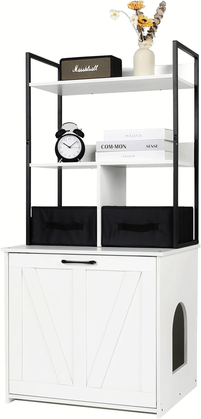DWANTON Litter Box Enclosure with 2 Storage Shelves and 2 Drawers, 2-in-1 Hidden Cat Litter Box Enclosure Furniture with Shelf, Reversible Entrance, Washable Drawers, 50-Inch, White
