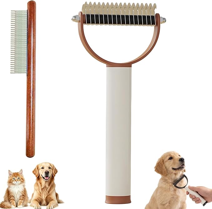 Pet Pro Grooming Tool for Dogs & Cats, Deshedding Dog Brush, Pet Grooming Brush with Undercoat Rake, Dematting Comb for Long Hair, Pet Grooming Tool for Thick Coats & Loose Fur (Brown)