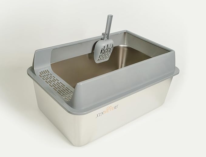 Open Stainless Steel Cat Litter Boxs 21.7" Lx 12.6" W x 11.8" H with Scoop.Particularly Well-Suited to Large Cats