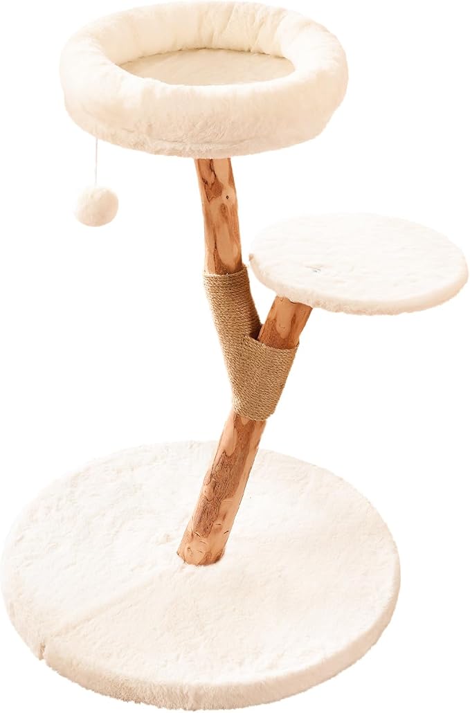 YOCAN Modern Cat Tree Tower for Indoor Cats, 2-Tier Cat Furniture with Natural Wood Posts, Soft Plush Bed, Scratching Post & Hanging Ball Toy, Stylish Cat Climbing Tower