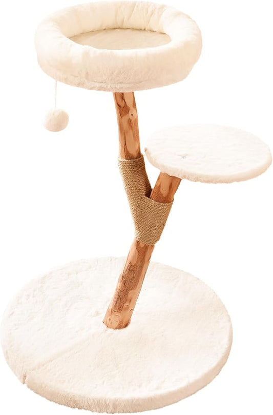 YOCAN Modern Cat Tree Tower for Indoor Cats, 2-Tier Cat Furniture with Natural Wood Posts, Soft Plush Bed, Scratching Post & Hanging Ball Toy, Stylish Cat Climbing Tower