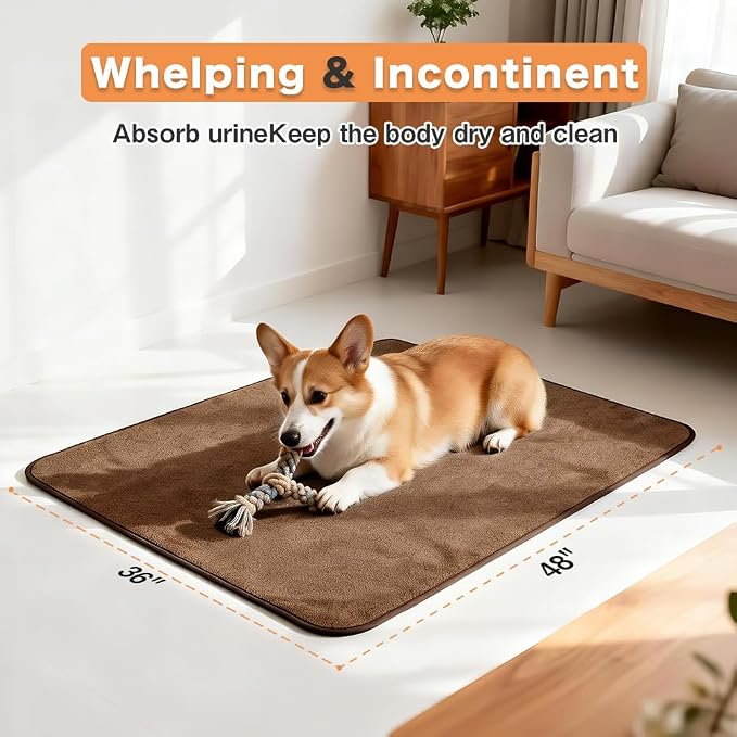 Washable Pee Pads for Dogs, Extra Large Reusable Dog Pee Pad, Waterproof Pet Mat, Dog Playpen Mats for Puppy Training Whelping Playpen Pads, Brown, 48x36 inch