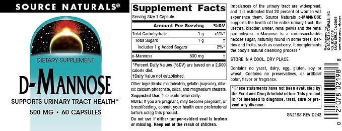 Source Naturals D-Mannose, Potent Urinary Tract & Bladder Health Support*, 500mg - 60 Capsules