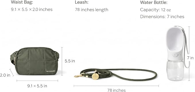 Premium Hands-Free Dog Walking Kit 4-in-1 Crossbody Fanny Pack, 78inc HeavyDuty Rope Leash,12oz Water Bottle & Poop Bag Dispenser, Hands-Free Kit for Running, Hiking&Training(Olive Green)