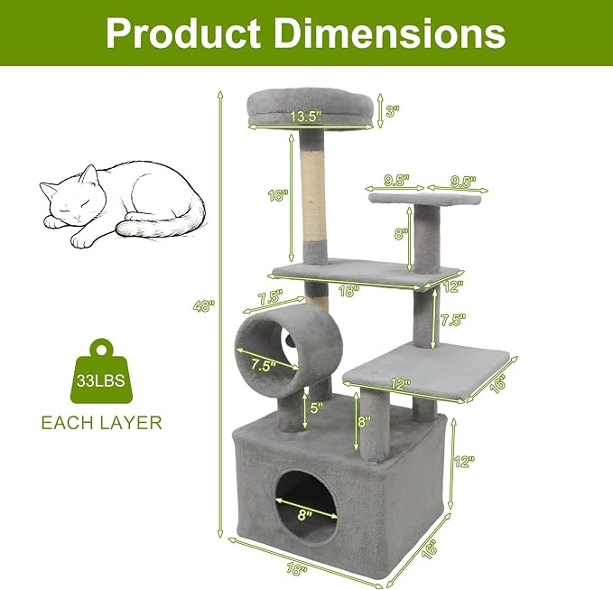 Tangkula Cat Tree Tower, 48 Inch Multi-Level Cat Tower with Large Condo, Sisal Scratching Post, Padded Top Perch, Tunnel, Hanging Ball, 3 Jumping Platforms for Indoor Cats (Light Gray)