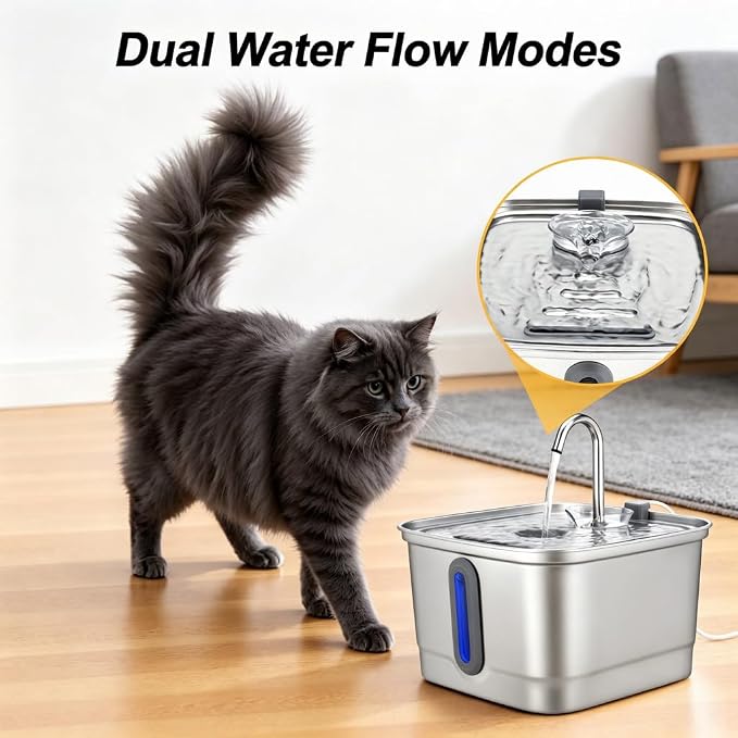 3L Stainless Steel Cat Water Fountain, 101oz Automatic Pet Water Fountain with 2 Replacement Filters, Quiet Cat Water Dispenser for Cats, Indoor Pets