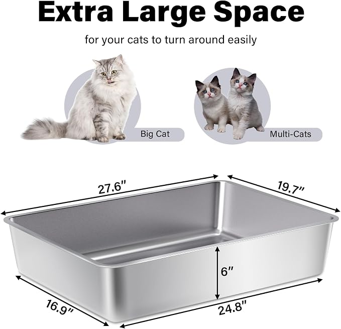 XXXL Stainless Steel Litter Box, Steel Litter Box 28" X 20" X 6" No Smell, Extra Large Metal Litterbox for Big Cat, Multiple Cats, Non Stick, Easy Cleaning