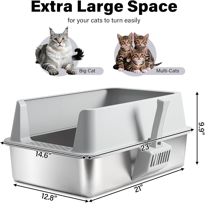 Stainless Steel Litter Box, Extra Large Litter Boxes for Kittens to Big Cats, XL Metal Cat Litter Box with High Sides Lid, Anti-Urine Leakage, Easy Clean, Non-Sticky, Includes Scoop & Mat