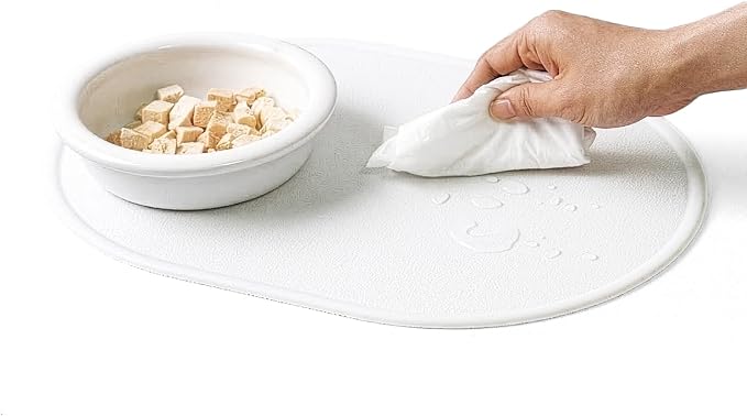 Silicone Pet Feeding Mat for Cats & Small Dogs, Non-Slip Waterproof Dog & Cat Bowl Mat with Raised Spill Edge, Made in Korea (Milk White, 15.7" × 11.4")