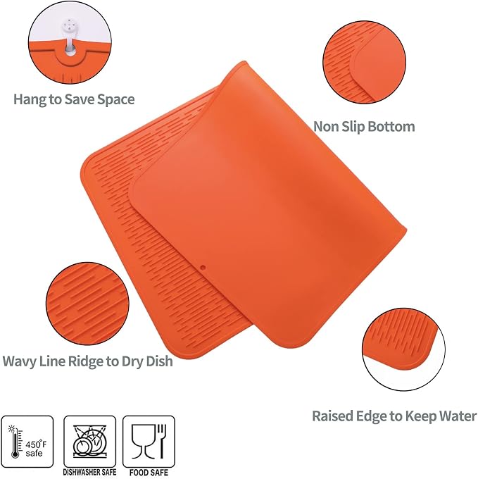 MicoYang Silicone Dish Drying Mat for Multiple Usage,Easy clean,Eco-friendly,Heat-resistant Silicone Mat for Kitchen Counter or Sink,Refrigerator or Drawer Liner Orange 4XL 32 inches x 18 inches