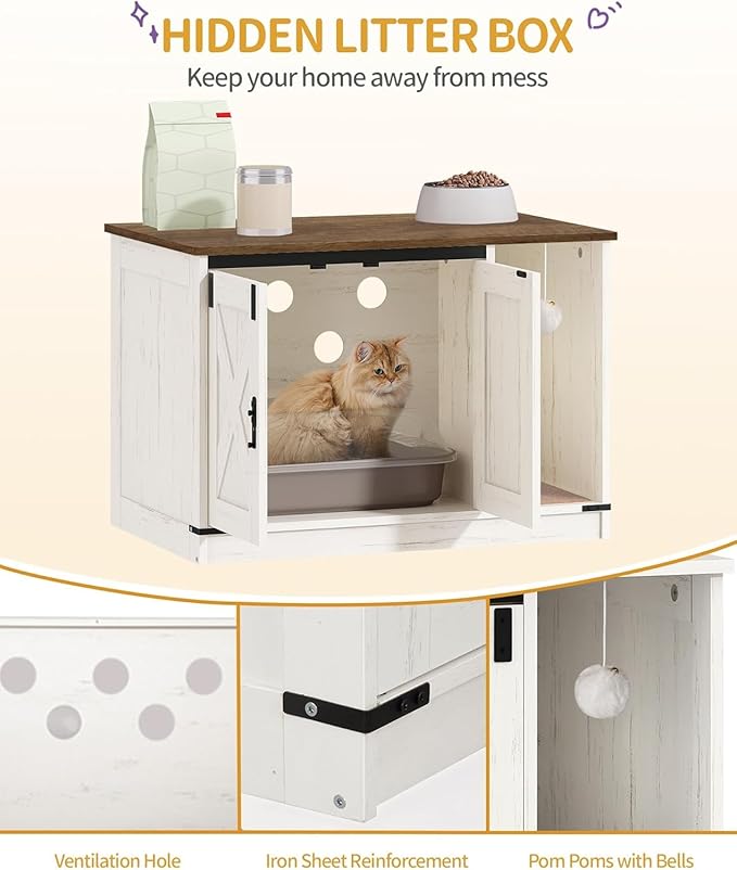 Hzuaneri Cat Litter Box Enclosure, Hidden Litter Box Cabinet Furniture with Bell, Indoor Cats House, Farmhouse Style, 31.5 x 19.7 x 20.9Inches, for Hallway, Bedroom, Rustic Brown and White CB82414X