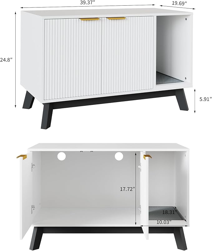 Garvee Cat Litter Box Enclosure, 39" Litter Box Enclosure Furniture Hidden Litter Box with Cat Litter Mat and Ventilated Holes, Modern Indoor Cat House, Side End Table for Living Room, White