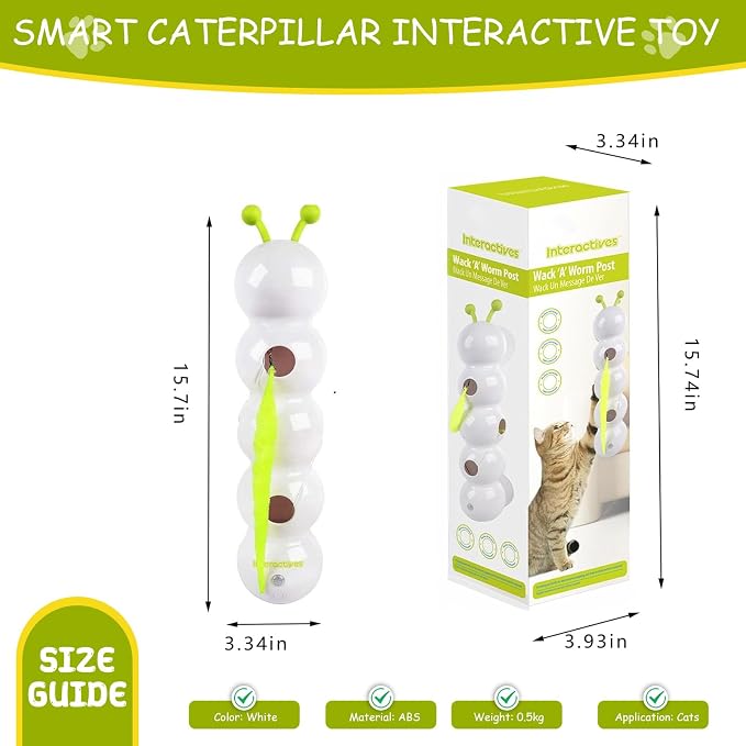 Caterpillar Cat Toy, Interactive with Worm Design, Automatic Cat Toy with Motion Sensor, Replaceable Tails Bite Resistant USB Rechargeable Teaser with Suction Cup,Indoor Cats for Daily Play