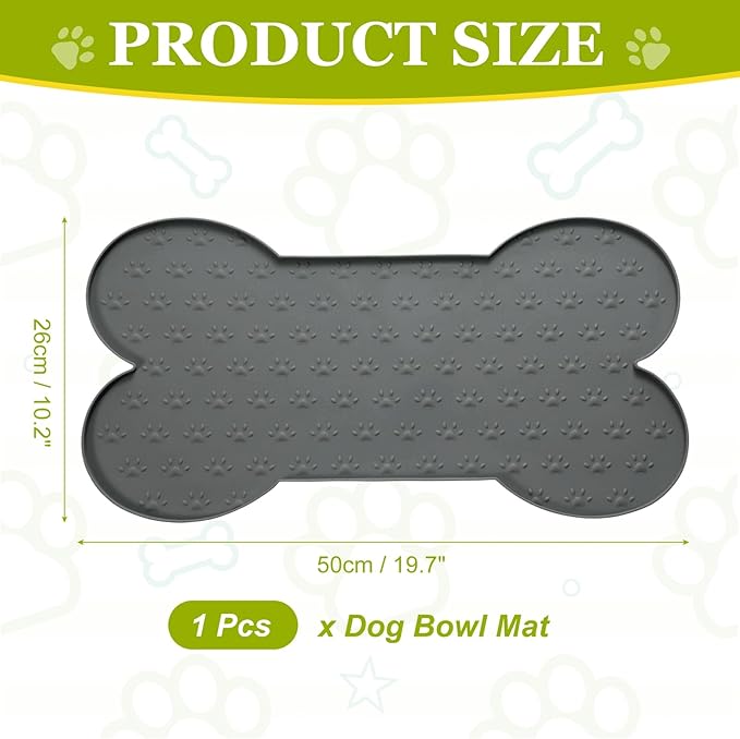 Dog Food Mat, 20x10 Inch Silicone Pet Feeding Mat Non-Slip Bone Shaped Waterproof Dog Water Bowl Tray Raised Edge Protects Floors (Gray), Intended for Pets Bowl/Fountain