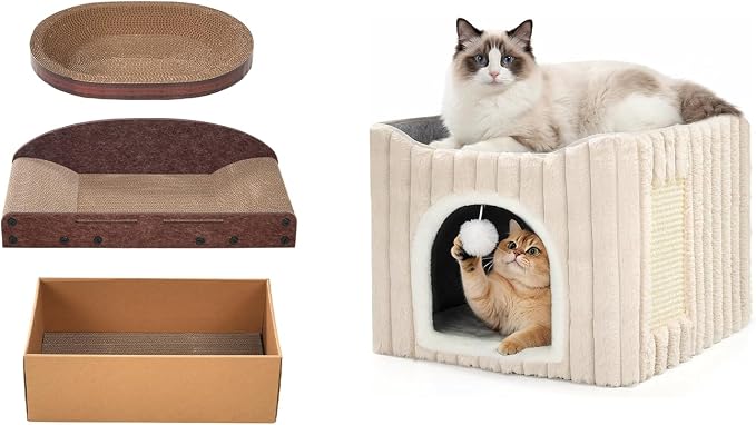 Avont 3-Piece Cardboard Cat Scratcher Set Bundle with Cat House, Foldable Cave Hideaway Bed for Indoor Cats