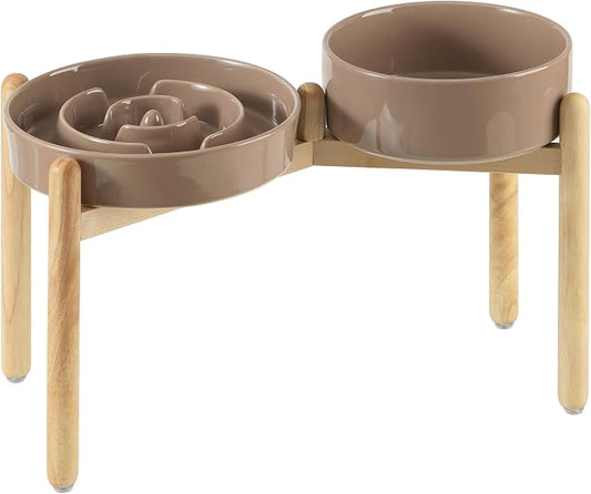 Havniva 9.5” Raised Slow Feeder Dog Bowls Set, 3.2 Cups Ceramic Slow Feeder Dog Bowl and 8.2” Dog Water Bowl with Elevated Wooden Stand Puzzle Dog Food Bowl for Large Dogs Anti-Gulping & Anti-Choking