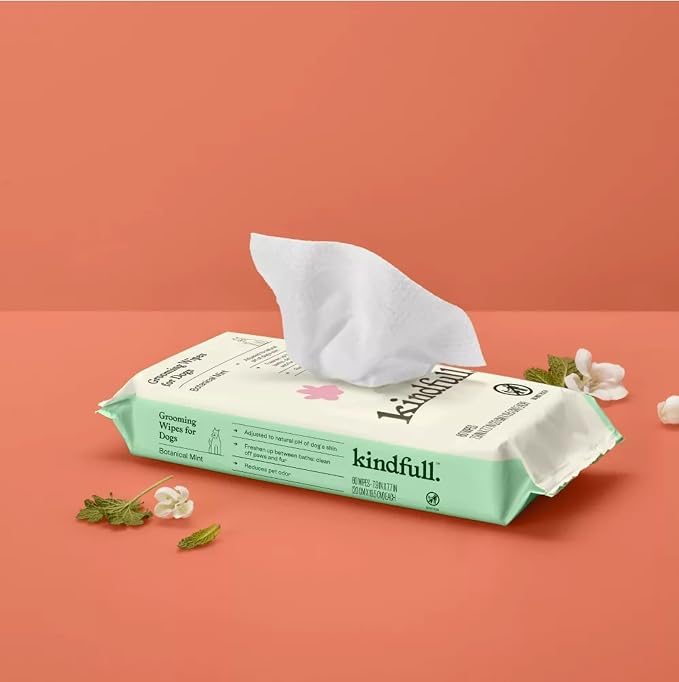 Kindfull Dog Grooming Wipes – 1 Pack (60 Wipes), Botanical Mint Scent – Gentle, pH-Balanced Pet Wipes for Paws & Fur – Plant-Based, Alcohol-Free – 7.9" x 7.7" Each
