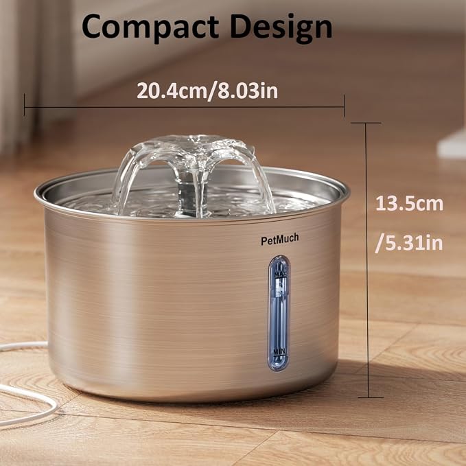 Stainless Steel Cat Fountain, 102 oz/3L Automatic Pet Fountain for Cats and Small Dogs, Ultra-Quiet Pump with White LED Light, Water Level Window