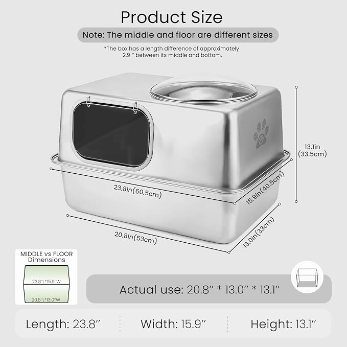 Ptlom Enclosed Stainless Steel Cat Litter Box with Lid, Extra Large Metal Litter Box, Leak-Proof High Sided Covered Litter Box for Kitties & Multi Cats, Non-Stick, Includes Litter Mat & Scoop