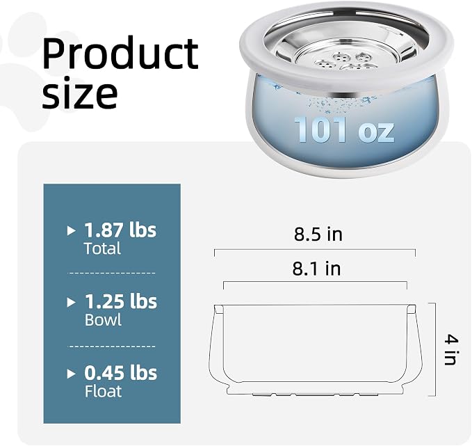 3L/0.8 Gallon No Spill Water Bowl for Dogs, Double-Wall Stainless Steel Slow Water Dog Bowls, Splash-Proof Vacuum Float, Dishwasher Safe for Large Medium Dogs