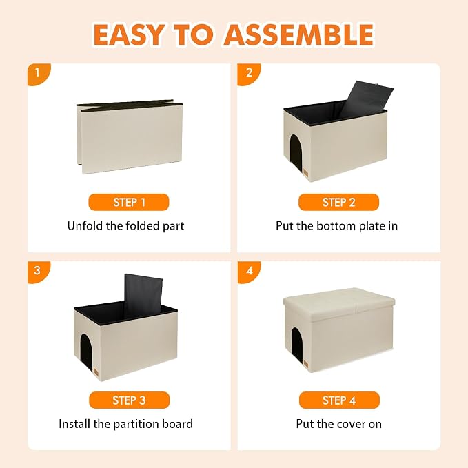 Zerbuger 3-in-1 Cat Litter Box Enclosure for Odor Control, Hidden Litter Box Furniture Cabinet Ottoman with Flip-Up Lid, Multi-Functional Bench with Storage Footrest, Dog Proof (Cream, X-Large)