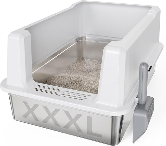 Tripamin XXL Stainless Steel Litter Box with High Sides 28"x20.5"x14" Extra Large Metal Litter Box for Big Cats&Multiple cat, Jumbo Top Entry Litter Pan with lid (White, XXX-Large)