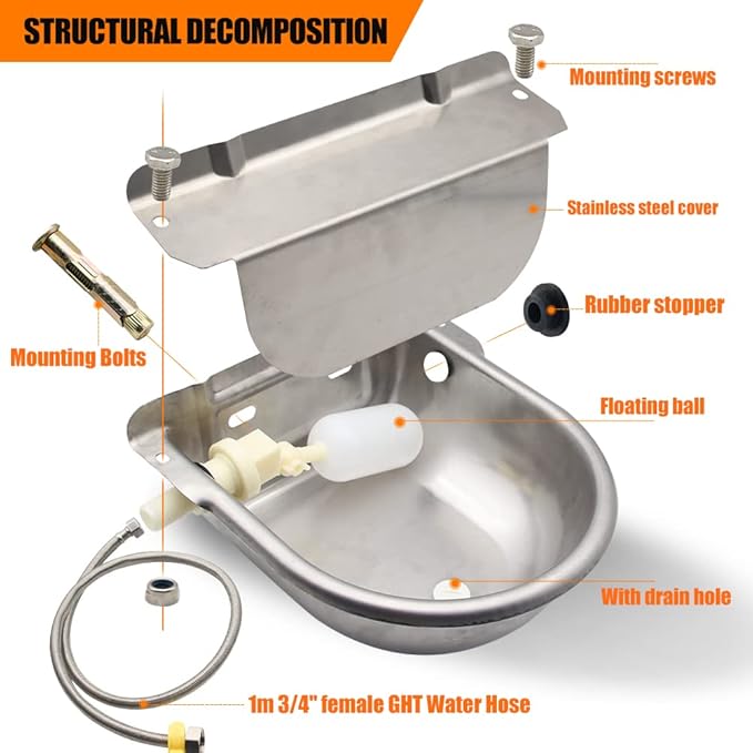 Automatic Livestock Water Bowl Float Valve Self-Filling Dog Goat Chicken | 304 Stainless Steel Animal Waterer Auto Refill, Horse Pig Cow Sheep Cat, Drainage, 3/4" GHT Hose & Mounting Bolts, Farm Ranch