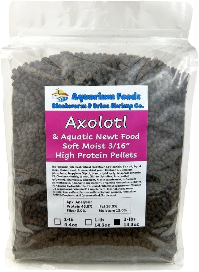 Axolotl Food, 3/16" Soft Moist Sinking Pellets, Rangen's Salmon Meal Pellets for Medium & Adult Axolotl. Also Shrimp, Snails, Crabs, All Tropical Fish…3-lbs 14.3oz Clear Bag