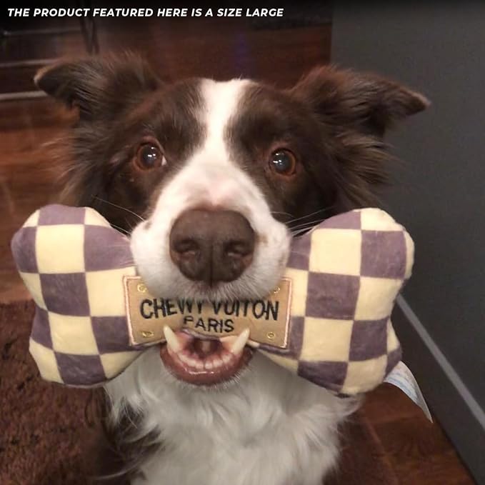 Haute Diggity Dog Chewy Vuiton Bone & Handbag Plush Squeaky Dog Toys, Soft Durable Designer-Inspired Stuffed Puppy Chew Toys for Medium & Large Dogs, Machine-Washable (Tan Checker) Large 2 Pcs