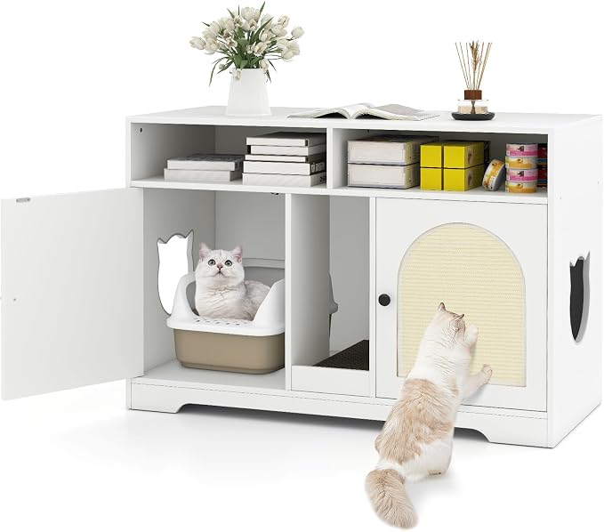 Tangkula Double Litter Box Enclosure, 43 Inch Hidden Litter Box Furniture with Shelves, Removable Scratching Board, 2 Sisal Mats, Large Enclosed Cat Box Enclosure for 2 Cats (White)