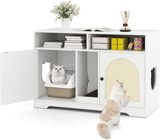 Tangkula Double Litter Box Enclosure, 43 Inch Hidden Litter Box Furniture with Shelves, Removable Scratching Board, 2 Sisal Mats, Large Enclosed Cat Box Enclosure for 2 Cats (White)