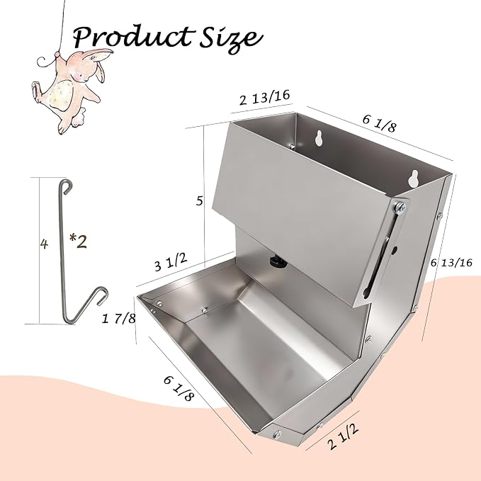Rabbits Feeder 2 Pcs - Gravity Feeding for Cage Stainless Steel 4Lbs 6.2 Inch, Anti-Corrosion Durable with Sliding Lid for Pet Small Animal Indoor Outdoor Use, Holds Several Days' Food