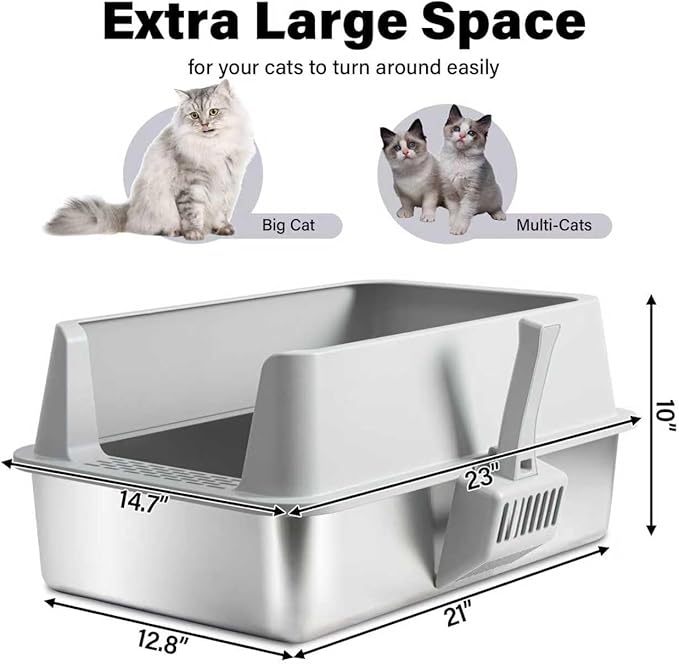 Stainless Steel Litter Box with Lid, XL Metal Litter Box 2 Pack, Extra Large Cat Litter Boxes for Big/Multiple Cats, Anti-Urine Leakage,No Smell, Non-Stick, Includes Scooper and Mat