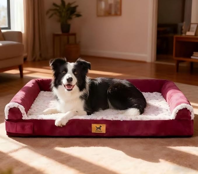 XXL Orthopedic Dog Bed - Breathable Egg-Crate Foam Sofa Couch with Bolster, Water-Resistant Liner & Washable Rose Velvet - Ideal for German Shepherds, Boxers, Rose Pink, (48'' x 30'')