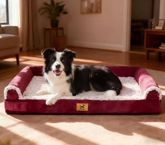 XXL Orthopedic Dog Bed - Breathable Egg-Crate Foam Sofa Couch with Bolster, Water-Resistant Liner & Washable Rose Velvet - Ideal for German Shepherds, Boxers, Rose Pink, (48'' x 30'')