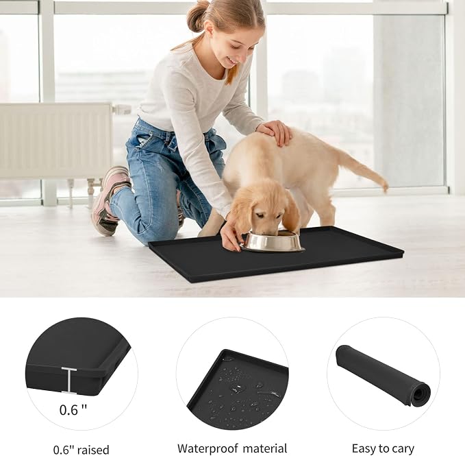 Dog Food Mat,Silicone Waterproof Food Tray,Non Slip Pet Bowl Mats Placemat,0.6" Raised Edge,Suitable for Most Small and Medium Sized Pets,24" x 16"
