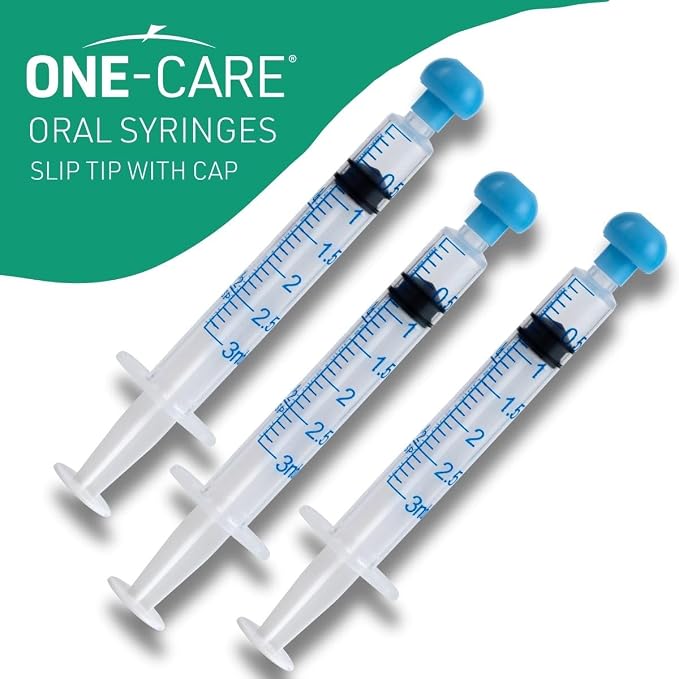 ONE-CARE 3ml Oral Syringe with Cap - Sterile, Individually Wrapped - 100 Syringes, Slip Tip, Uses include oral administration of medicine for infants, adults and animals