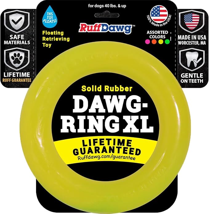 Ruff Dawg Indestructible Dawg-Ring XL 8” Yellow – Heavy-Duty Solid Rubber Tug & Fetch Toy for Dogs 40 lbs & Up – Floats & Bounces – Made in USA