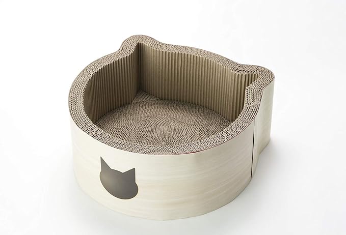 Necoichi Cat-Headed Scratcher Bed (Birch, Regular) | Cardboard Cat Scratcher Bowls for Indoor Cats - Cat Scratching Board, Cat Scratch Pad Reversible Usability and Extra Comfort for Lounge