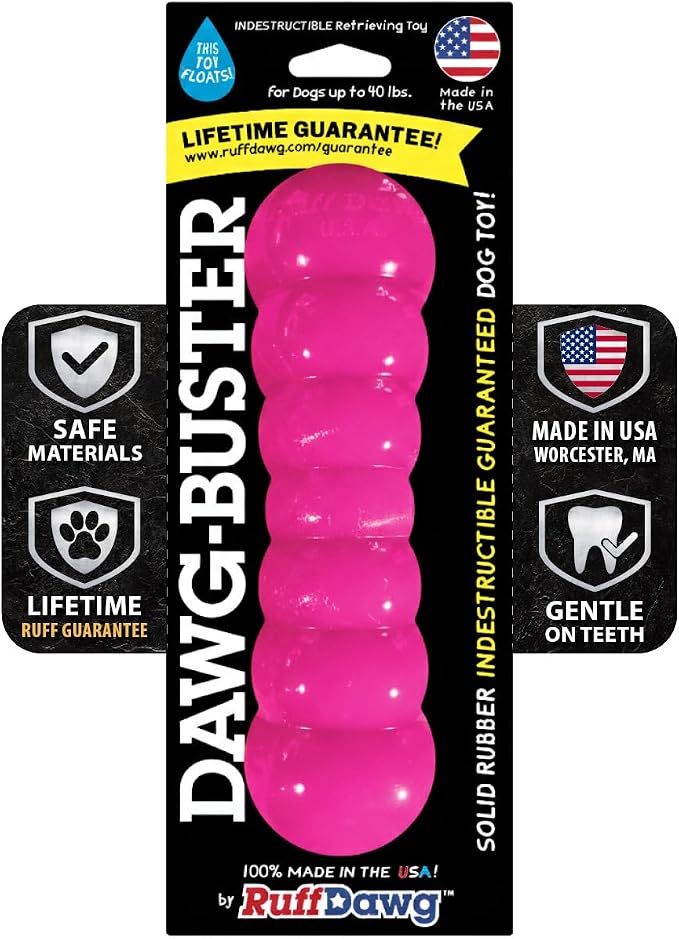 Ruff Dawg Indestructible Dawg-Buster Medium Pink – Heavy-Duty Solid Rubber Dog Chew Stick for Dogs Under 40 lbs – Floats & Bounces – Made in USA
